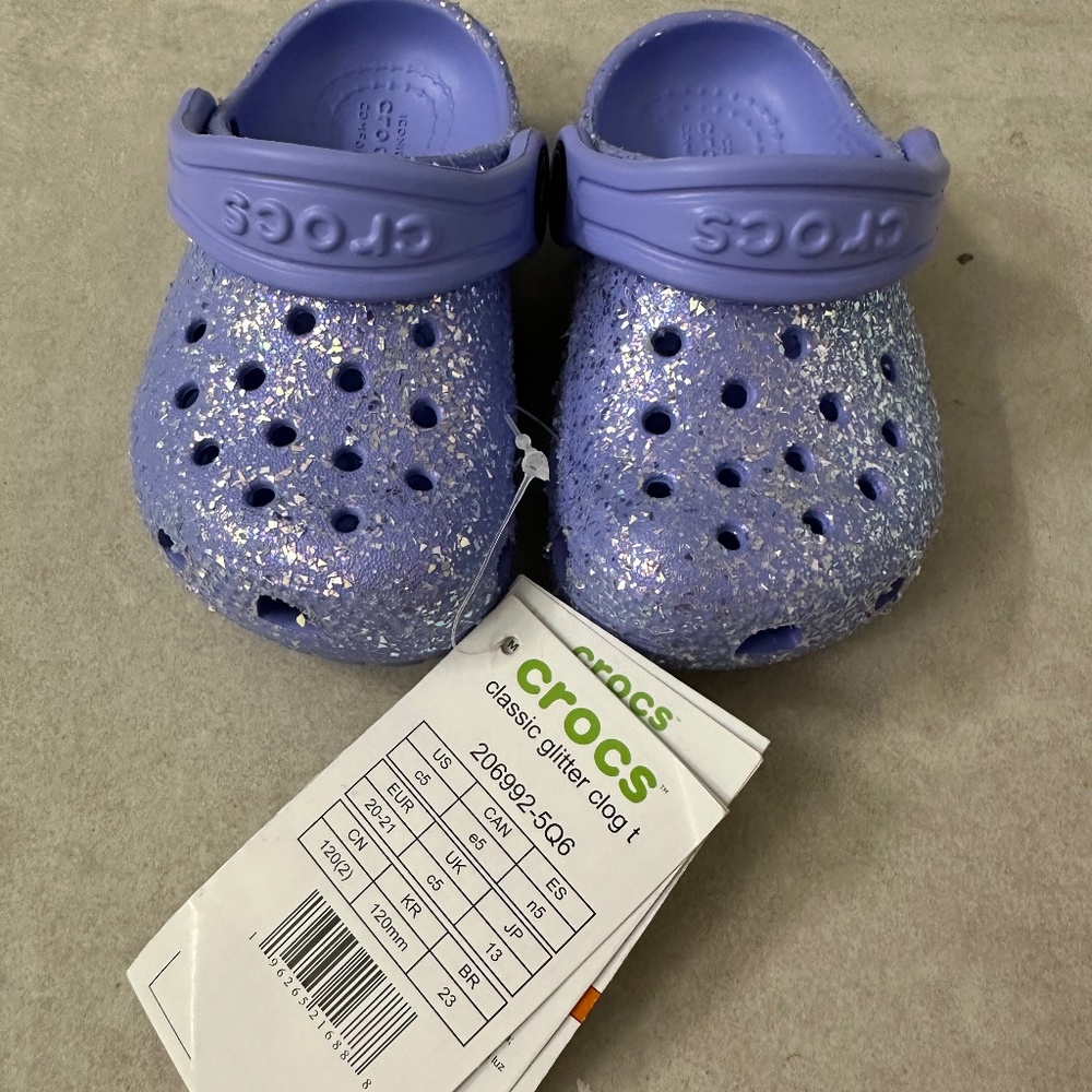 Infant Size 5 Crocs purple glitter NWT